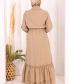 Belden Lastikli Boydan Düğmeli Elbise 6062 Camel