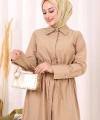 Belden Lastikli Boydan Düğmeli Elbise 6062 Camel