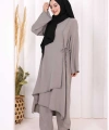 Biyeli Uzun Tunik Pantolon Takım 8005 Gri