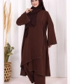 Biyeli Uzun Tunik Pantolon Takım 8005 Kahverengi