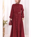 Broş Detaylı Boydan Düğmeli Elbise 7059 Bordo