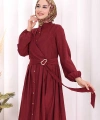 Broş Detaylı Boydan Düğmeli Elbise 7059 Bordo