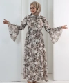 Çiçek Desen Elbise 7002 Kahverengi