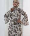 Çiçek Desen Elbise 7002 Kahverengi