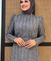 Çiçek Desenli Simli Tül Abiye Elbise 1108 Gri