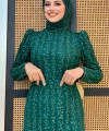 Çiçek Desenli Simli Tül Abiye Elbise 1108 Zümrüt