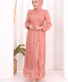 Dantel Görünümlü Şifon Fırfır Detay Elbise 3783 Pudra