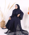 Dantel İşleme Detay Kuşaklı Şifon Abaya 7886 Lacivert