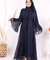 Dantel İşleme Detay Kuşaklı Şifon Abaya 7886 Lacivert