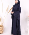 Dantel İşleme Detay Kuşaklı Şifon Abaya 7886 Lacivert