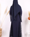 Dantel İşleme Detay Kuşaklı Şifon Abaya 7886 Lacivert
