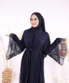 Dantel İşleme Detay Kuşaklı Şifon Abaya 7886 Lacivert