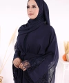 Dantel İşleme Detay Kuşaklı Şifon Abaya 7886 Lacivert