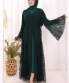 Dantel İşleme Detay Kuşaklı Şifon Abaya 7886 Zümrüt