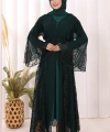 Dantel İşleme Detay Kuşaklı Şifon Abaya 7886 Zümrüt