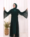 Dantel İşleme Detay Kuşaklı Şifon Abaya 7886 Zümrüt