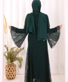Dantel İşleme Detay Kuşaklı Şifon Abaya 7886 Zümrüt