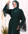 Dantel İşleme Detay Kuşaklı Şifon Abaya 7886 Zümrüt