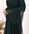 Dantel İşleme Detay Kuşaklı Şifon Abaya 7886 Zümrüt