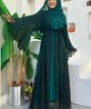 Dantel İşleme Detay Kuşaklı Şifon Abaya 7886 Zümrüt