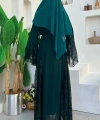 Dantel İşleme Detay Kuşaklı Şifon Abaya 7886 Zümrüt