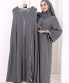 Dantel Şeritli Abaya Elbise Şal Üçlü Takım 6074 Antrasit