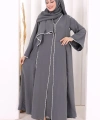 Dantel Şeritli Abaya Elbise Şal Üçlü Takım 6074 Antrasit