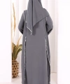 Dantel Şeritli Abaya Elbise Şal Üçlü Takım 6074 Antrasit