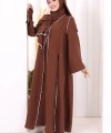 Dantel Şeritli Abaya Elbise Şal Üçlü Takım 6074 Kahverengi