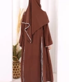 Dantel Şeritli Abaya Elbise Şal Üçlü Takım 6074 Kahverengi