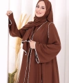 Dantel Şeritli Abaya Elbise Şal Üçlü Takım 6074 Kahverengi
