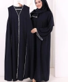 Dantel Şeritli Abaya Elbise Şal Üçlü Takım 6074 Lacivert