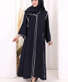 Dantel Şeritli Abaya Elbise Şal Üçlü Takım 6074 Lacivert