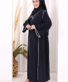 Dantel Şeritli Abaya Elbise Şal Üçlü Takım 6074 Lacivert