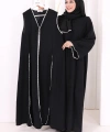 Dantel Şeritli Abaya Elbise Şal Üçlü Takım 6074 Siyah