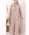 Dantel Şeritli Abaya Elbise Şal Üçlü Takım 6074 Vizon
