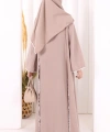 Dantel Şeritli Abaya Elbise Şal Üçlü Takım 6074 Vizon