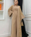 Desenli Abaya Düz Cep Detay Kuşaklı Sıfır Kol Tulum Takım 8312 Taba