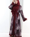 Desenli Abaya Elbise Üçlü Takım 7087 Bordo