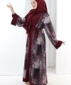 Desenli Abaya Elbise Üçlü Takım 7087 Bordo