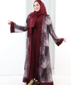 Desenli Abaya Elbise Üçlü Takım 7087 Bordo