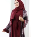 Desenli Abaya Elbise Üçlü Takım 7087 Bordo