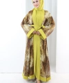 Desenli Abaya Elbise Üçlü Takım 7087 Hardal