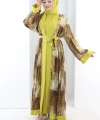 Desenli Abaya Elbise Üçlü Takım 7087 Hardal