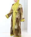 Desenli Abaya Elbise Üçlü Takım 7087 Hardal