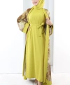 Desenli Abaya Elbise Üçlü Takım 7087 Hardal