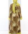 Desenli Abaya Elbise Üçlü Takım 7087 Hardal