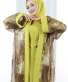 Desenli Abaya Elbise Üçlü Takım 7087 Hardal