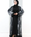 Desenli Abaya Elbise Üçlü Takım 7087 Siyah