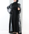 Desenli Abaya Elbise Üçlü Takım 7087 Siyah